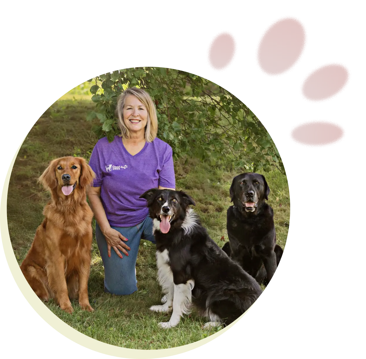 Helen with 3 dogs at Good Dog Paws