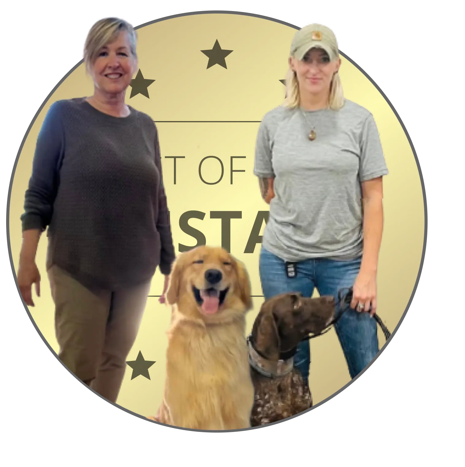 Helen Carlson (Owner) and Kami (Lead Trainer) picture with dogs and tristate award background